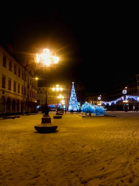 Wroclaw Janeiro 2017 Coberto Praça Mercado Neve Noite Tempo Natal — Fotografia de Stock