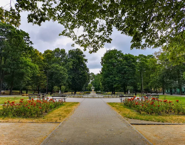 Parque Centro Ciudad Lodz Con Fuente Flores Colores — Foto de Stock