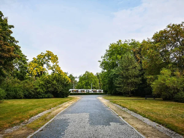 Kolorowy Park Trawą Tramwajem Tle Rondzie Wrocławiu — Zdjęcie stockowe