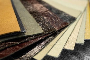 Lüks, çok renkli deri örnekleri yakın plan. Arka plan olarak kullanılabilir. Sektör arkaplanı