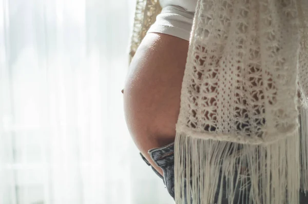Heureuse femme enceinte avec un gros ventre près de la fenêtre. Concepts de grossesse et de famille — Photo