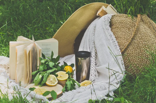 밀짚 자루, 책, 모자, 꽃, 레모네이드, 신선 한 레몬, 맑은 여름날 — 스톡 사진