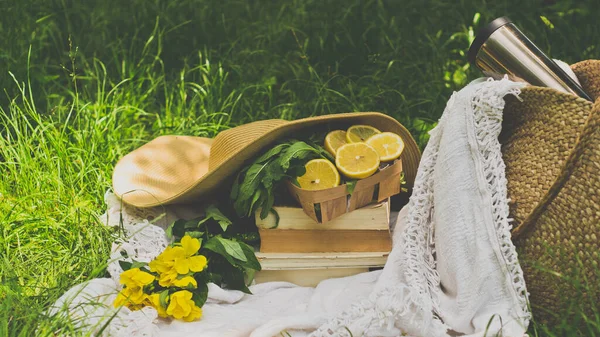 밀짚 자루, 책, 모자, 꽃, 레모네이드, 신선 한 레몬, 맑은 여름날 — 스톡 사진