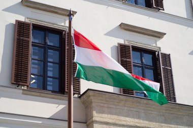BUDAPEST, HUNGARY - Nisan 2020: Macaristan 'ın Budapeşte Cumhurbaşkanlığı Sarayı' nda Macar bayrakları