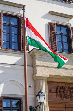 BUDAPEST, HUNGARY - Nisan 2020: Macaristan 'ın Budapeşte Cumhurbaşkanlığı Sarayı' nda Macar bayrakları