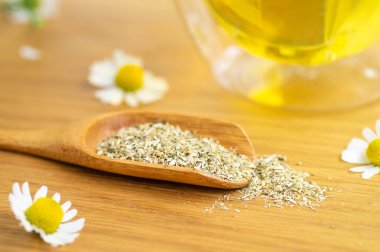 Papatya çiçeği ve papatya çayı. Bitkisel papatya çayı. Yakın plan..