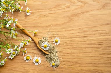 Papatya çiçeği ve papatya çayı. Bitkisel papatya çayı. Yakın plan..