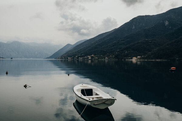 Beautiful View of Bay of Kotor and  boat  in spring time. Monten