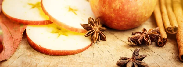 Apples, cinnamon and star anise. Autumn composition, banner for — Stock Photo, Image