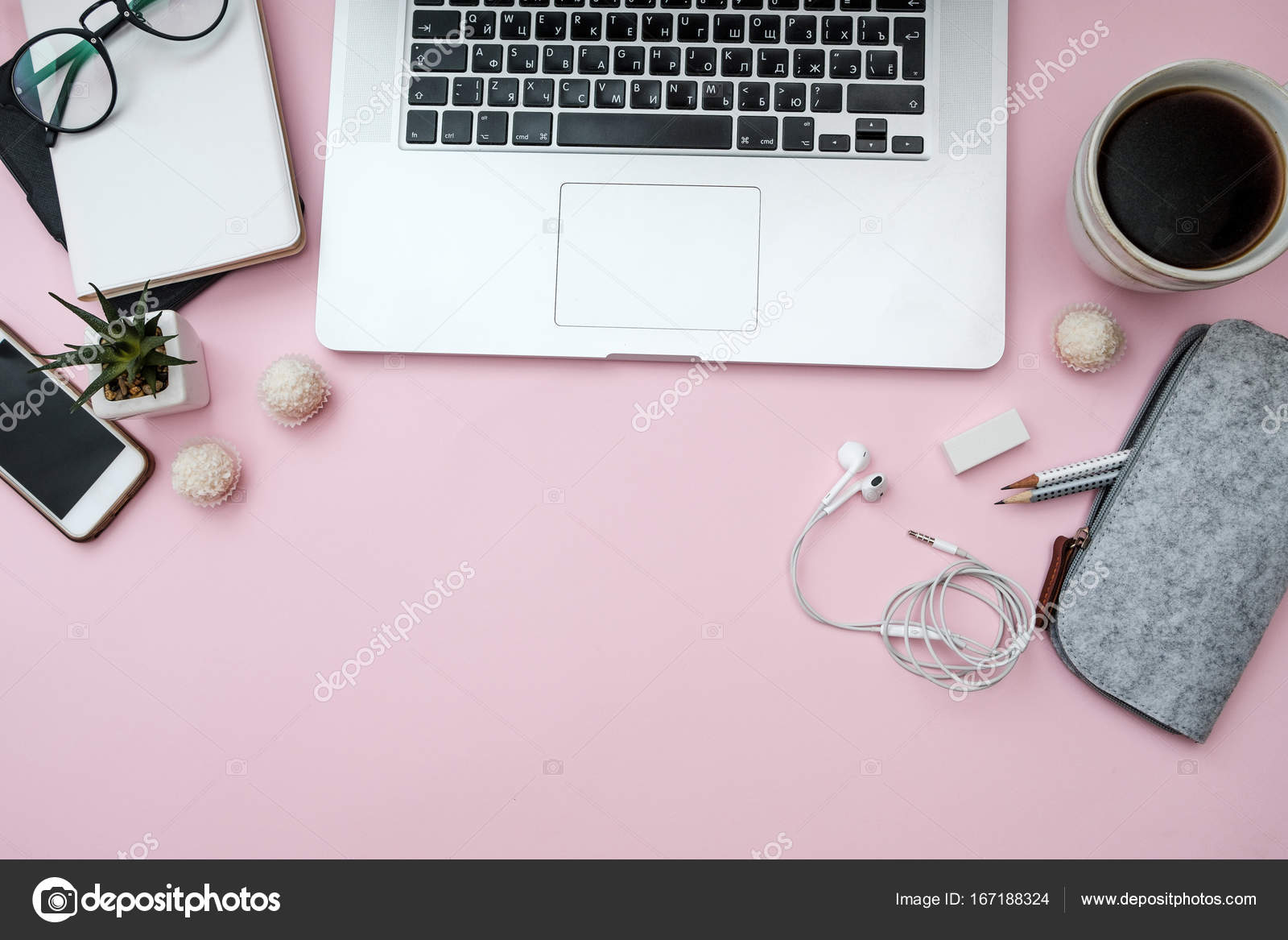 Pink Pastel Woman Office Desk With With Laptop Notebook Phone