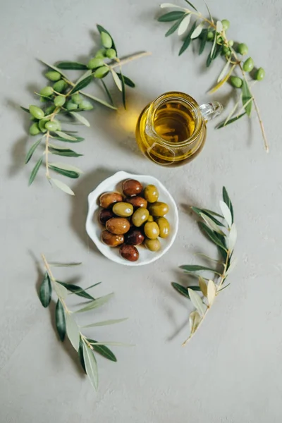 Üstten Görünüm zeytin, petrol ve gri arka plan üzerinde yeşil şube — Stok fotoğraf