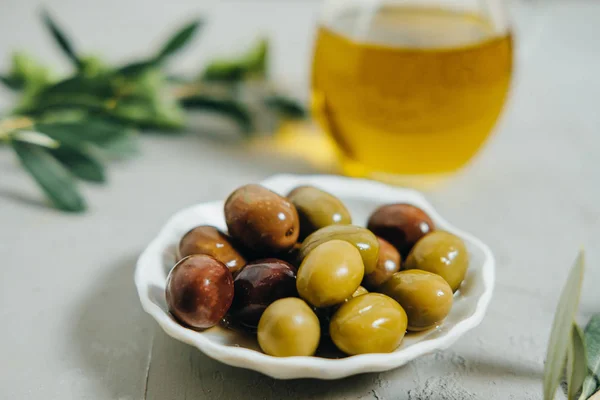 Taze zeytin, petrol ve gri arka plan üzerinde yeşil şube — Stok fotoğraf