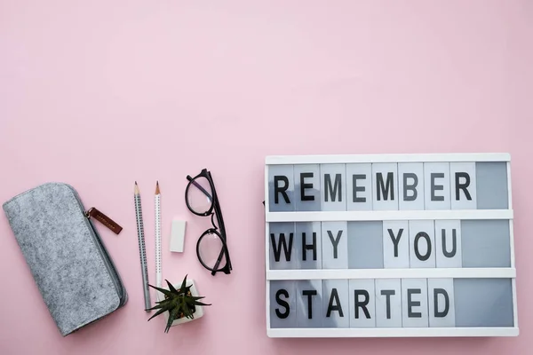 Modern Board with text Remember why you started, plant, phone, s — Stock Photo, Image