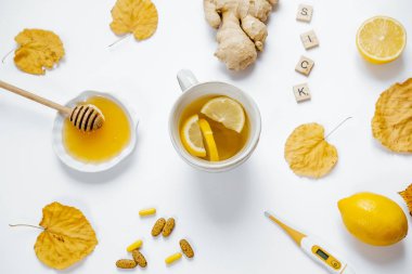 Ahşap kelime hasta, çay limon, termometre, ginger, tatlım, ta
