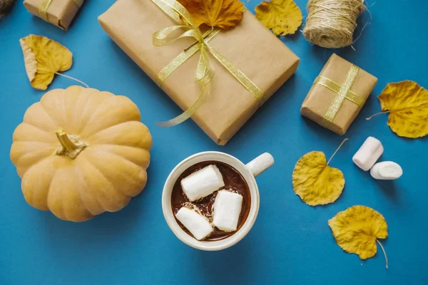 Чашка горячего какао с зефиром, подарки, упаковочная бумага, сухой ле — стоковое фото