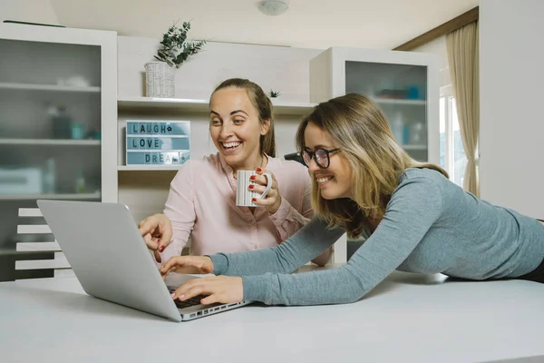 두 여성 동료 토론 프로젝트와 노트북 가리키는 — 스톡 사진