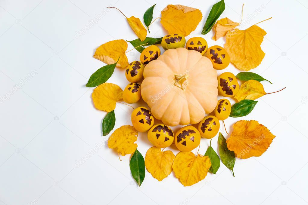 Flat Lay Composition with Fake pumpkins and tangerines with pain