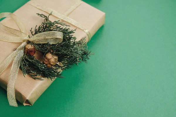 Vánoční dárek, šišky, thuja pobočky na zelené pozadí F — Stock fotografie