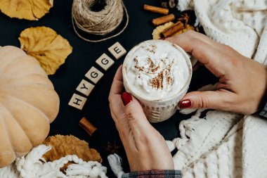 Rahat kompozisyon. Kabak Latte, tarçın, plai kadın elle