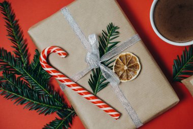 Yakın köknar ağacı ile sıcak çikolata kadar hediye, şeker kamışı kırmızı b