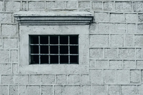 Вікно на старій сірій кам'яній стіні з рослиною. Місце для тексту — стокове фото