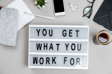 Motivasyonel yönetim kurulu, kahve ve ileti örneği. İş kavramı. Sayfanın Üstü