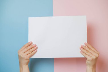 Pembe ve mavi arka plan üzerinde kağıt boş a4 boyutunda holding eller