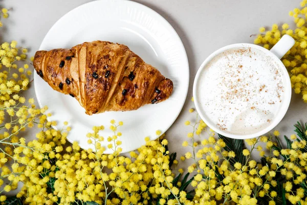 Choklad croissant och en cappuccino, dekorerad med mimosa-blomma — Stockfoto