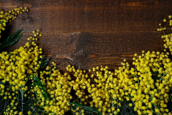 Blumenstrauß aus Mimosen auf hölzernem Hintergrund. Internationale Zusammenarbeit — Stockfoto