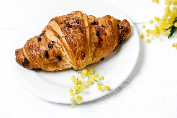 Choklad croissant och en cappuccino, dekorerad med mimosa-blomma — Stockfoto