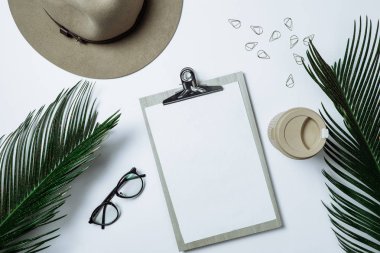 Çalışma alanı: pano, palmiye yaprağı, kahve ve şapka mavi ba