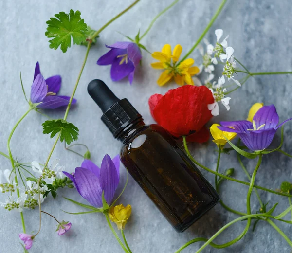 Glazen Fles Met Gezichtsolie Wilde Bloemen Een Marmeren Bord Bovenaanzicht — Stockfoto