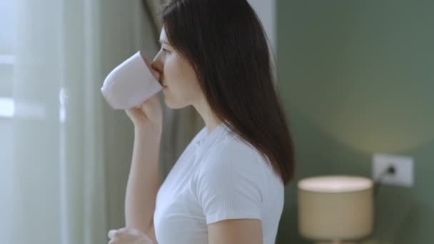 Mooie Jonge Brunette Vrouw Drinken Van Thee Koffie Kijken Het — Stockvideo