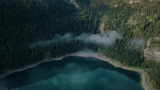 Летает Над Осенним Черным Озером Черногории Вид Воздуха Национальный Парк — стоковое видео