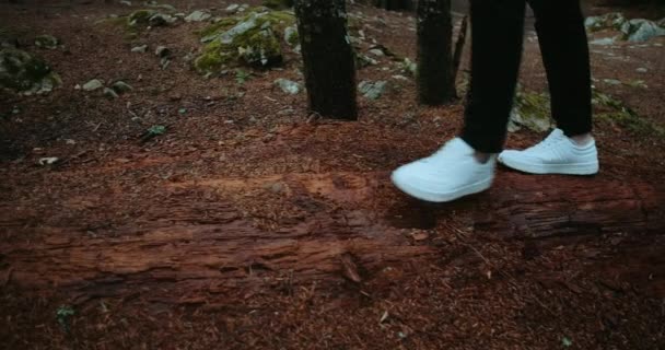 Een Man Met Witte Sneakers Die Door Het Bos Loopt — Stockvideo