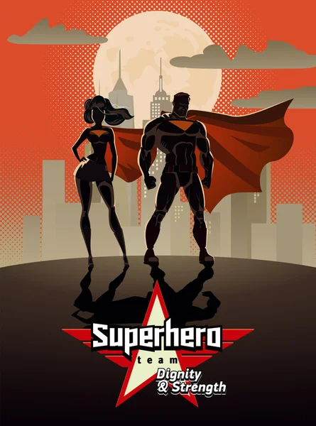 Cartaz. Casal de super-heróis: super-heróis masculinos e femininos, posando em — Vetor de Stock