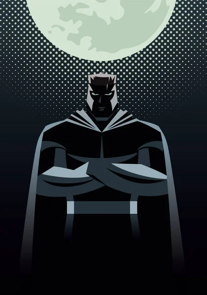 Super-herói preto posando com braços cruzados no fundo da lua —  Vetores de Stock