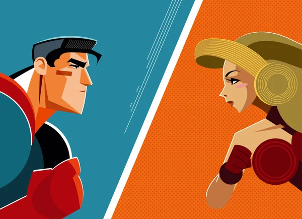 Man versus vrouw. Superheld — Stockvector