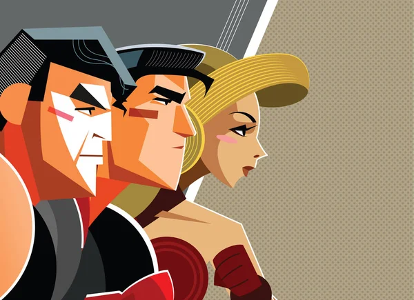 Супергерои мужчина и женщина вместе противостоят угрозе — стоковый вектор