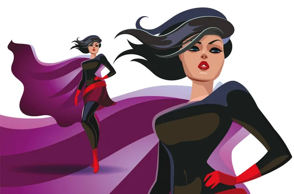 Hermosa supermujer en un traje de pose de orgullo. Ilustración vectorial — Archivo Imágenes Vectoriales