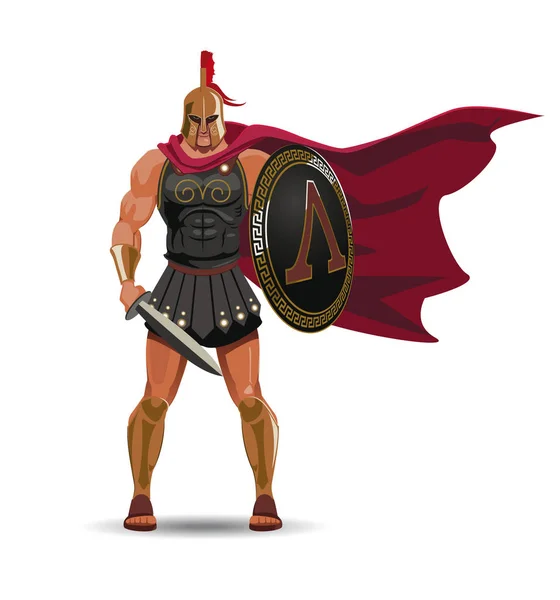 Angry spartan warrior with armor and hoplite shield — Stock Vector