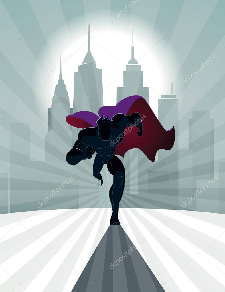 Superhero running in front of a urban background. Vector illustr
