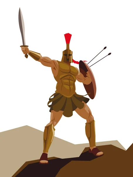 Wütender spartanischer Krieger mit Rüstung und Hoplith-Schild, der einen sw hält — Stockvektor