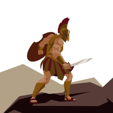 Bir kılıç tutan zırh ve hoplite kalkan ile kızgın Spartalı savaşçı