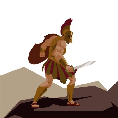 Bir kılıç tutan zırh ve hoplite kalkan ile kızgın Spartalı savaşçı