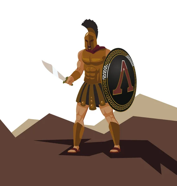 Wütender spartanischer Krieger mit Rüstung und Hoplith-Schild, der ein Schwert hält — Stockvektor