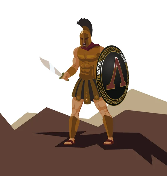 Angry spartan warrior with armor and hoplite shield holding a sword — Stock Vector