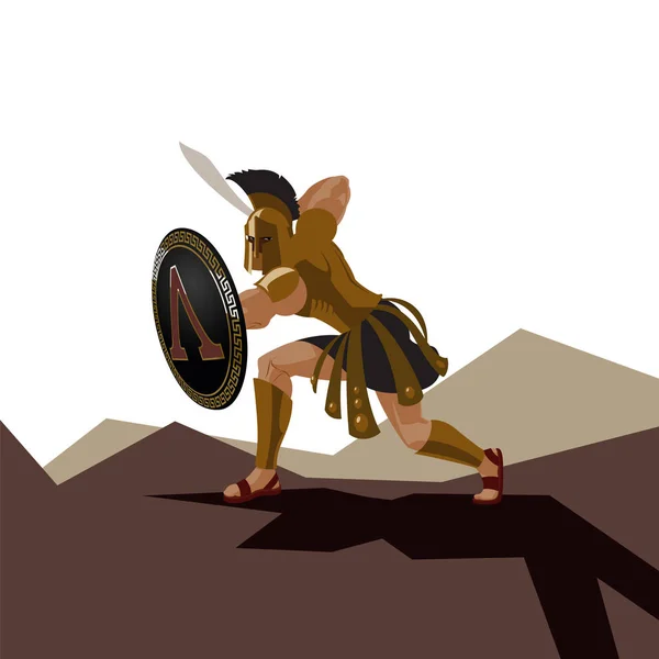 Arrabbiato guerriero spartano con armatura e scudo oplita con una spada in mano — Vettoriale Stock