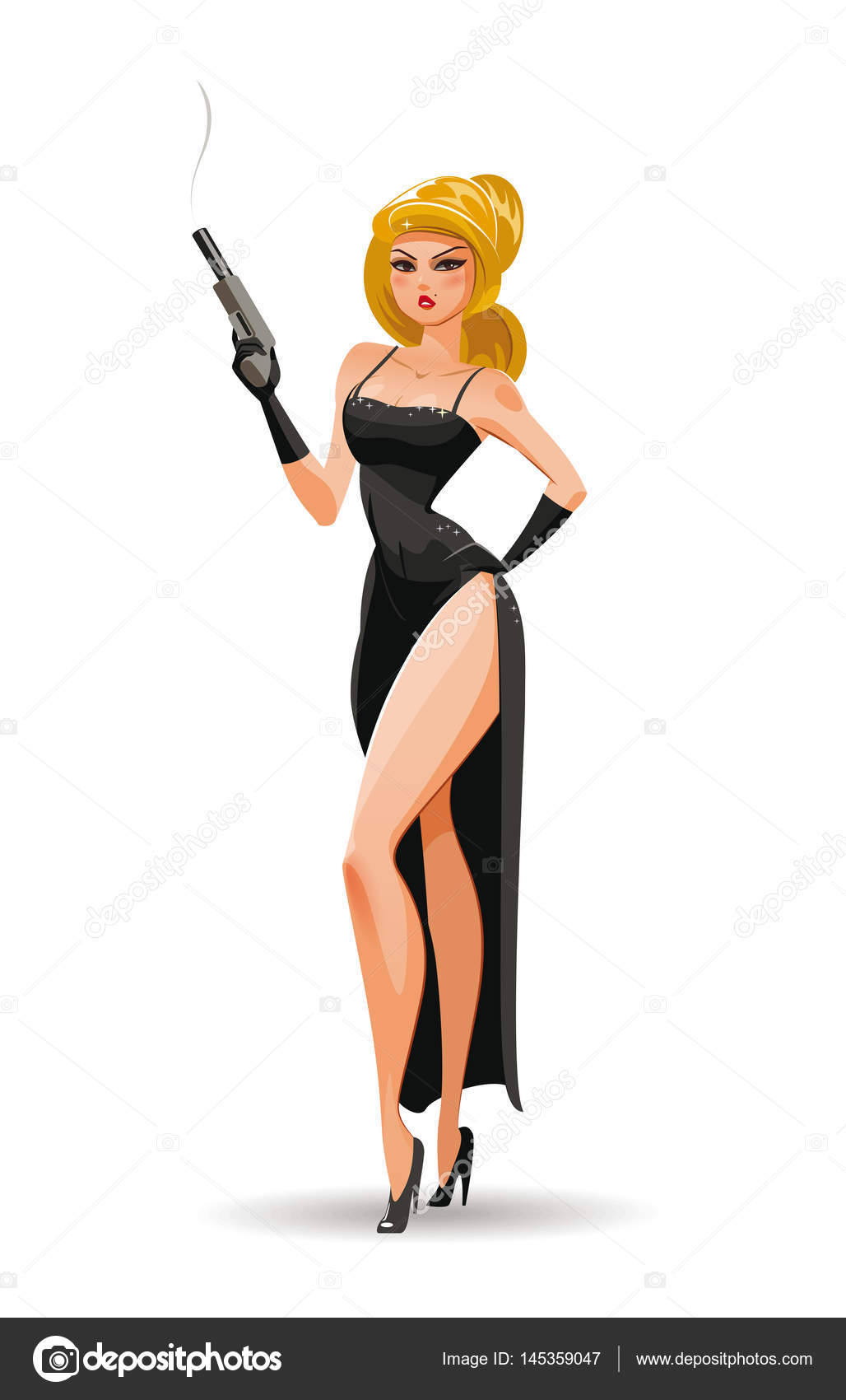 Superagent. Hemmelig agent. Elegant kvinnelig spion i aftenkjole med pistol.  Vektorillustrasjon stockvektor © Maxutov #145359047, image size:1028x1700