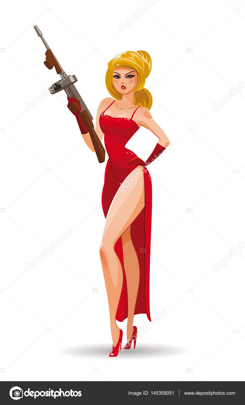 Super agent. Secret agent. Elegant woman spy in the evening red dress with  Tommy Gun. Vector illustration Stock Vector by ©Maxutov 145359051